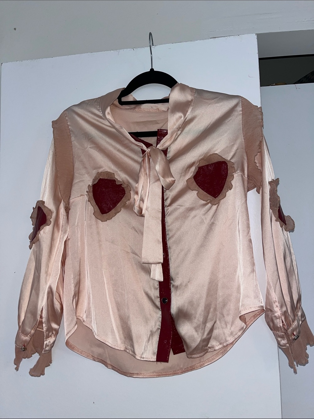 Women’s Satin Tie-Neck Blouse in Blush with Burgundy Accents